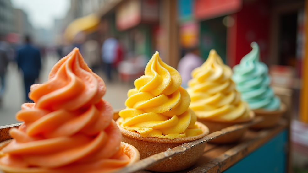 Eye-level view of a colorful array of Kulfi served on a vibrant street stall