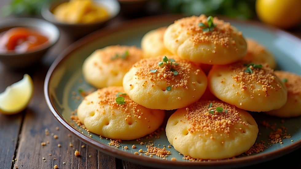 High-angle view of Sev Puri sprinkled with tangy chutney and topped with sev on a serving plate