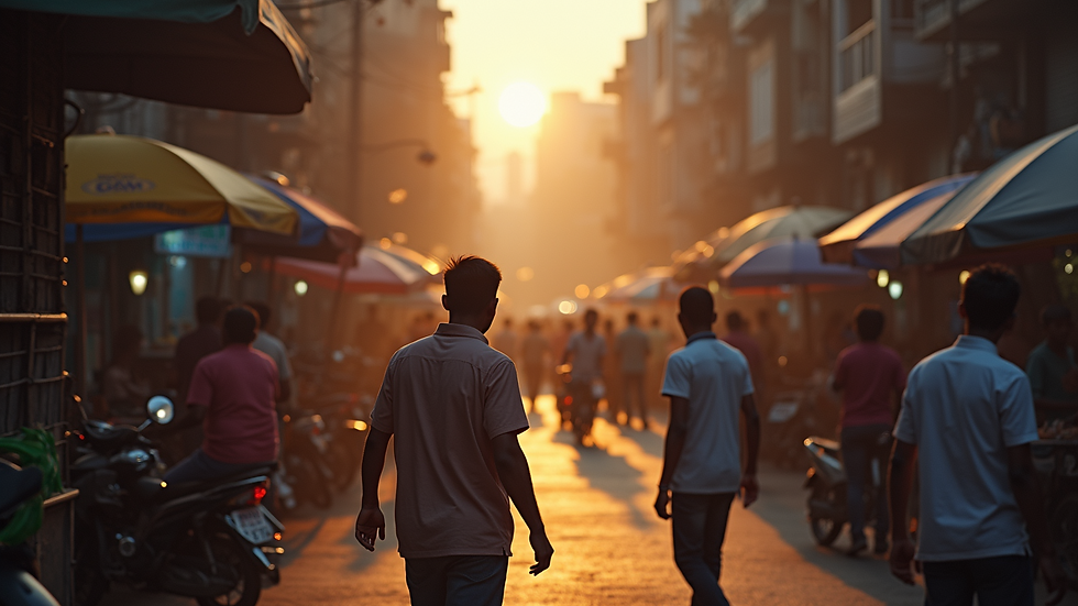 Wide angle view of a bustling Mumbai street market at dawn