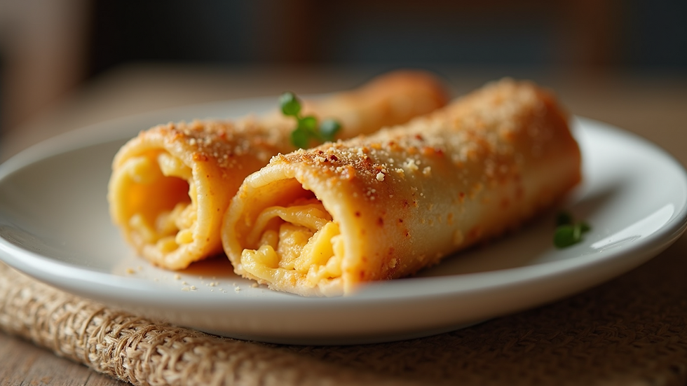 Eye-level view of a scrumptious Egg Roll with a crispy outer layer