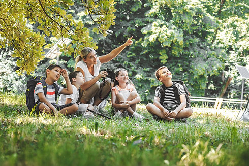 children sitting on the grass under one of the many surrounding trees, engaged by a teacher pointing out something in the heights