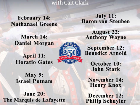 FEBRUARY - 2nd Saturday General: Nathanael Greene MARCH - 2nd Saturday General: Daniel Morgan APRIL - 2nd Saturday General: Horatio Gates MAY - 2nd Saturday General: Israel Putnam JUNE - 3rd Saturday General: Marquis de Lafayette JULY - 2nd Saturday General: Baron von Steuben AUGUST - 4th Saturday General: Anthony Wayne SEPTEMBER - 2nd Saturday General: Benedict Arnold OCTOBER - 2nd Saturday General: John Stark NOVEMBER - 2nd Saturday General: Henry Knox DECEMBER - 2nd Saturday General: John Sullivan