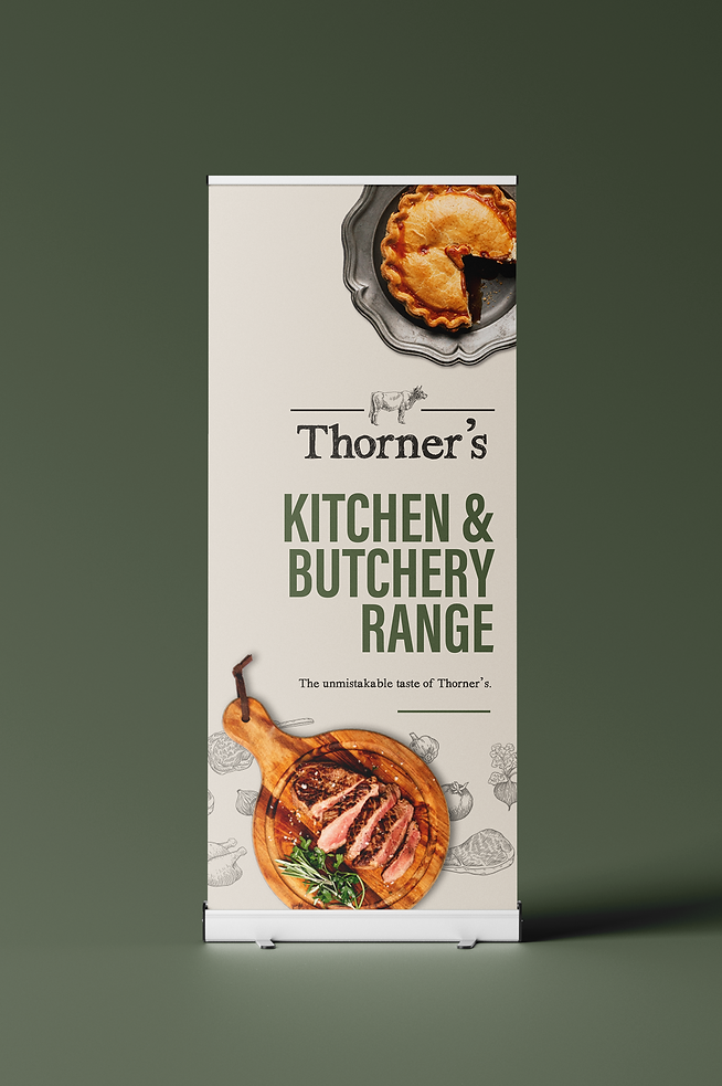 Thorners Farm Shop Butchery Restaurant Pylle Roller Banner Mock up Branding Logo