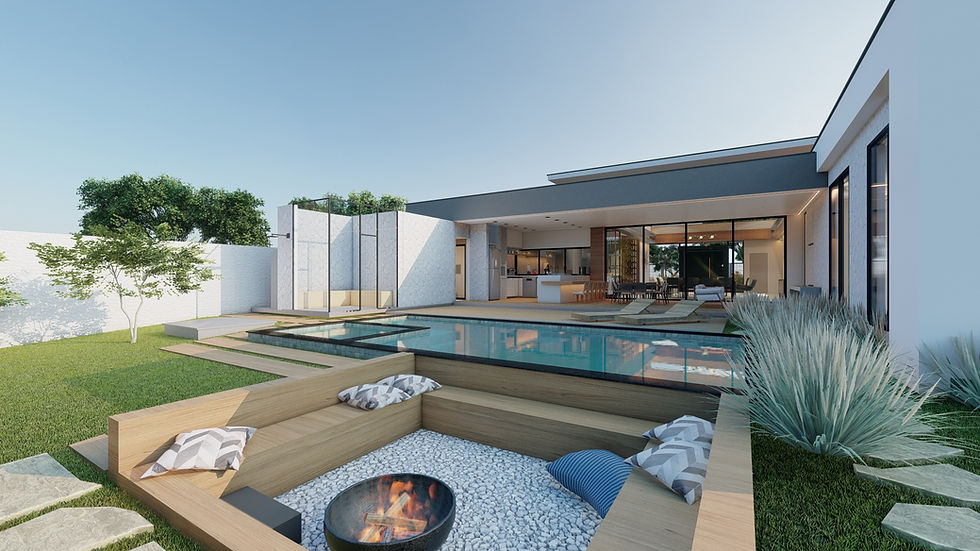 Casa moderna com piscina e área de estar ao ar livre. Céu claro, vegetação ao redor e fogo acesso ao centro, criando um ambiente acolhedor.