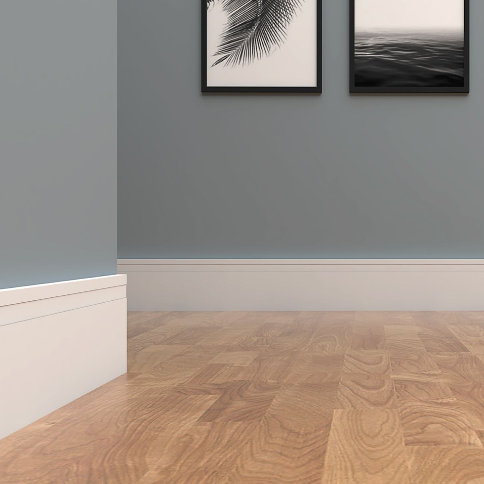Ambientes ilustrando rodapés embutido, negativo, porcelanato, granito/mármore, PS/PVC, MDF, madeira maciça e metálico em diferentes estilos, com foco em acabamento, textura e integração com o piso e a parede.