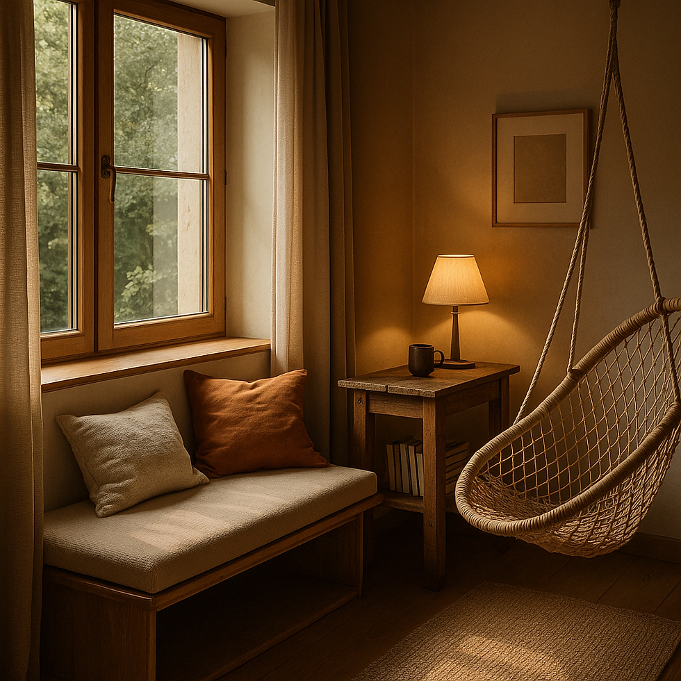Quartos e espaços com iluminação suave, móveis de aproximação e detalhes sensoriais que refletem uma arquitetura afrodisíaca, criando ambientes acolhedores e íntimos para casais.