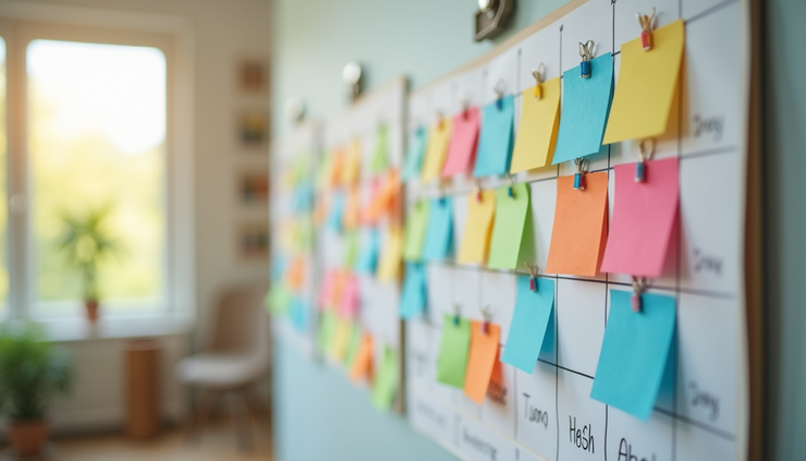 Close-up view of a child’s colorful visual schedule on a wall