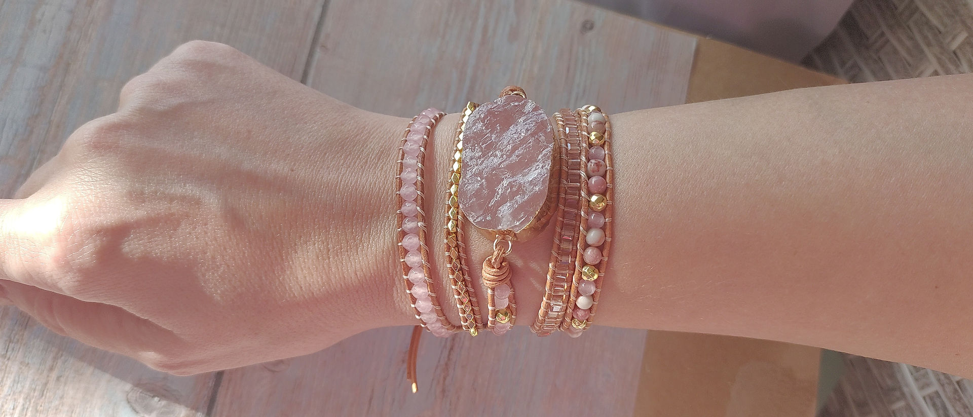 Layered Leather and Stone Wrap Bracelet