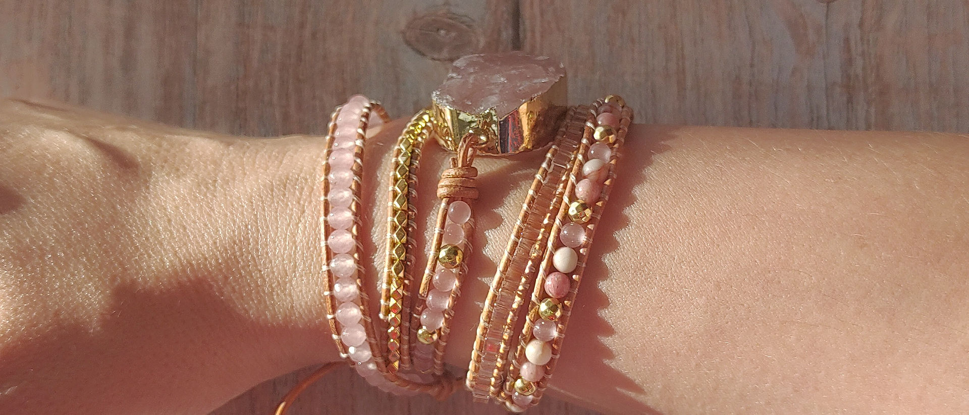 Layered Leather and Stone Wrap Bracelet