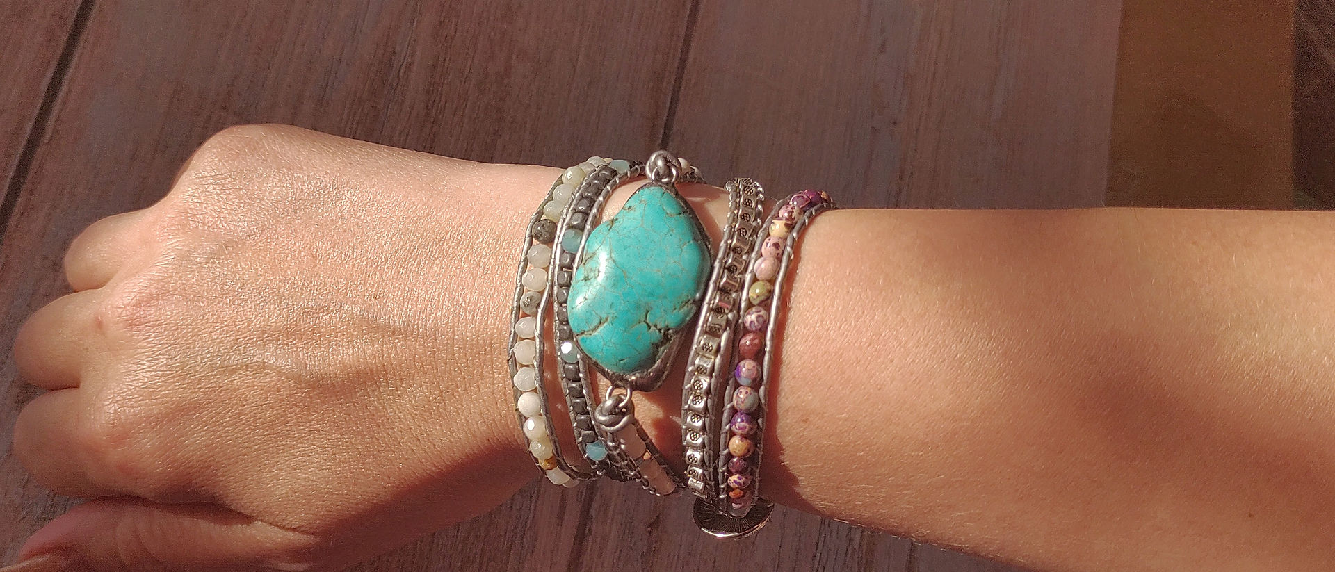 Layered Leather and Stone Wrap Bracelet