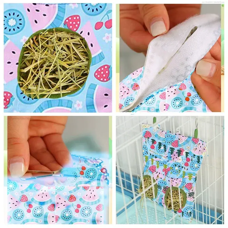 Thumbnail: 2/3 Holes Hanging Hay Bag with Hooks, Cute Watermelon Strawberry Feeder Dispense