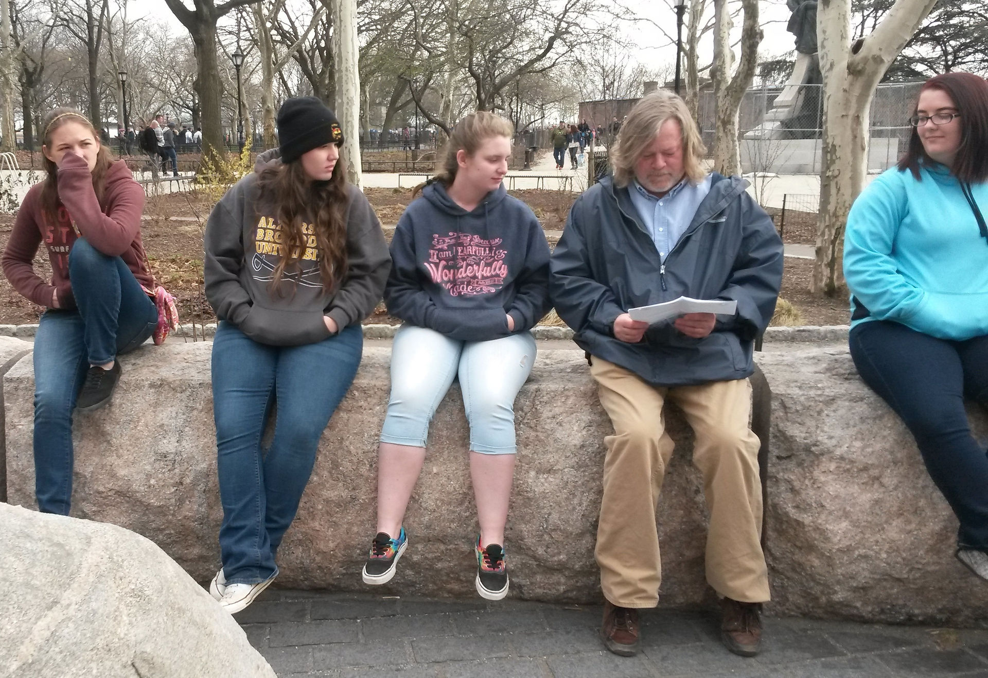 Waiting for the bus in Battery Park after our ride on the Staten Island Ferry and getting to see the Statue of Liberty
