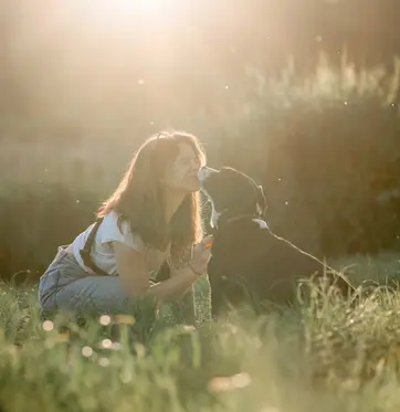 photographie d'un chien et sa maitresse en extérieur à la rochelle au couché du soleil dans un parc. le chien lui fait un bisous sur la joue