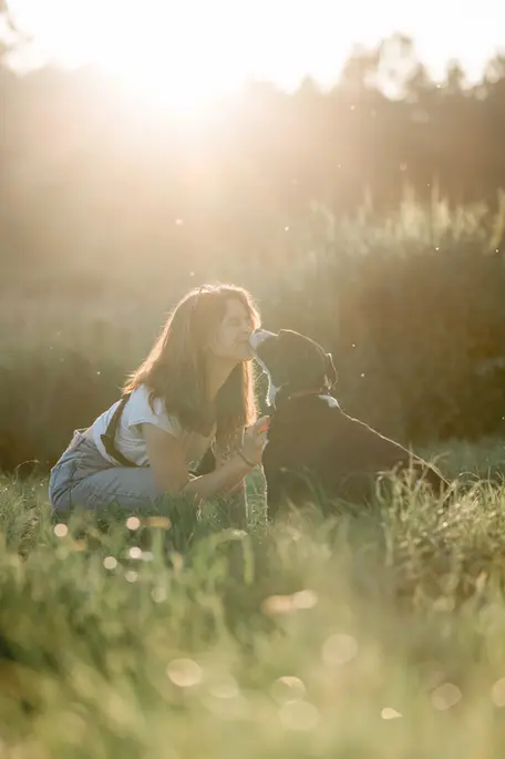photographie d'un chien et sa maitresse en extérieur à la rochelle au couché du soleil dans un parc. le chien lui fait un bisous sur la joue