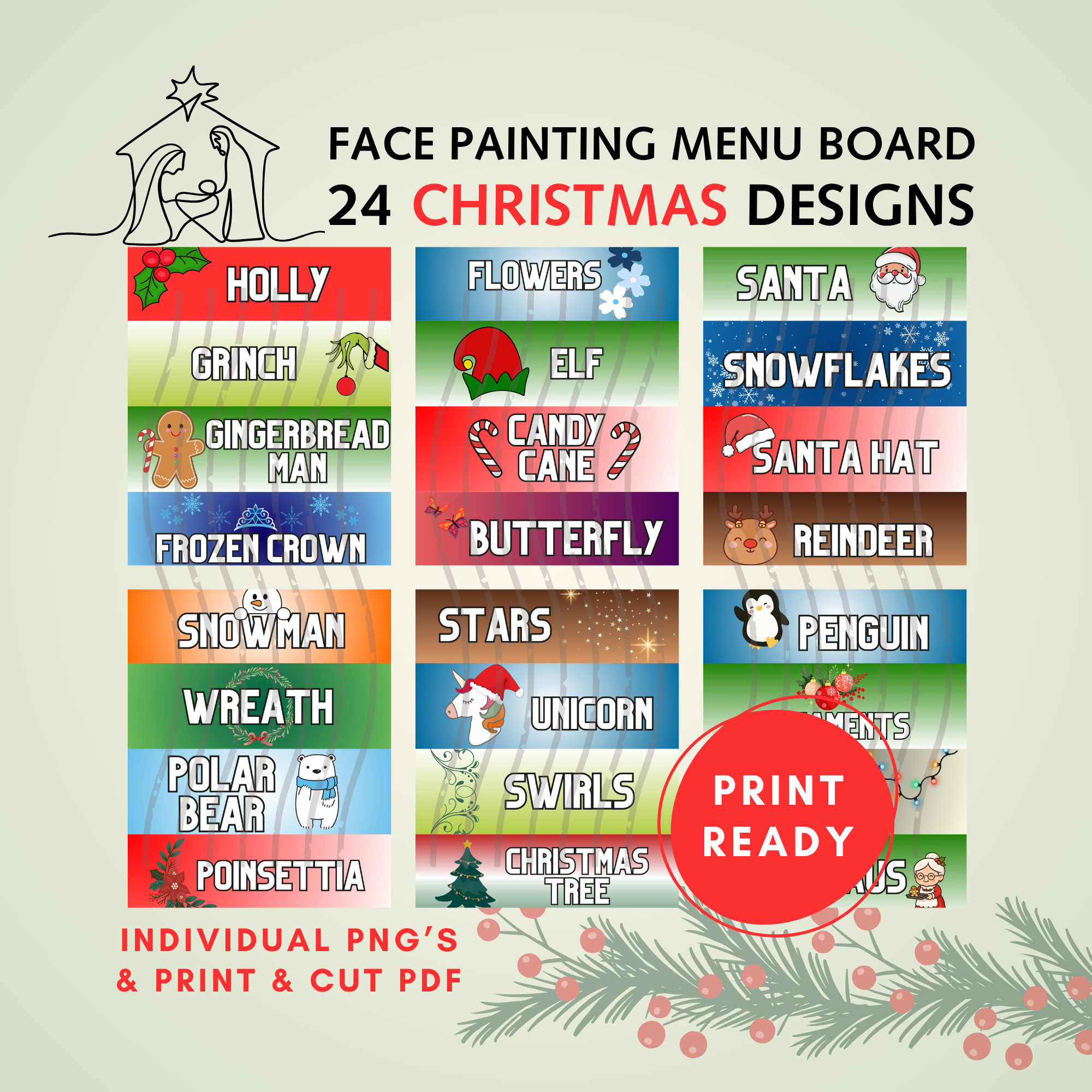 Christmas Face Painting Menu Board | 24 Winter Designs | Printable