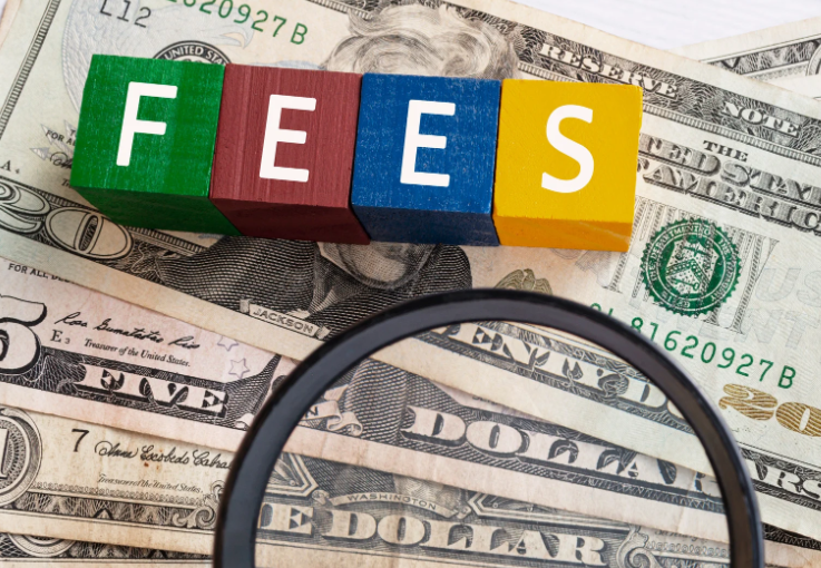 Wooden blocks that spell "fees" sitting on top of cash and next to a magnifying glass