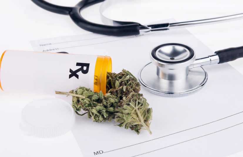medical marijuana on a prescription pad next to a stethoscope