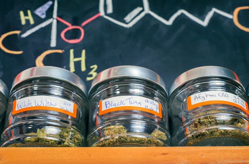 Medical marijuana jars at a dispensary on display