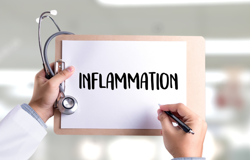 A doctor holding a stethoscope and a clipboard with the word inflammation on it