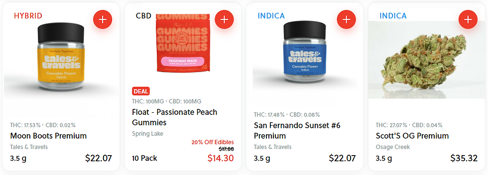 Sample products for sale at Enlightened Dispensary in Clarksville, AR