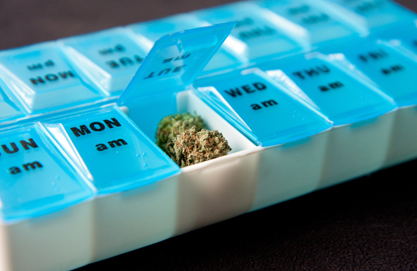 A dosing pill box with a marijuana nugget inside