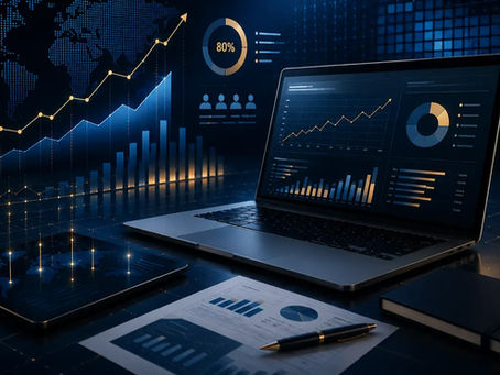 Dark blue marketing analytics dashboard with business performance graphs, KPI charts, trend analysis, and data visualisations displayed on a laptop in a futuristic digital workspace.