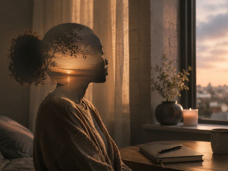 A reflective silhouette of a woman by a window with a peaceful sunset landscape blended into her profile, symbolising the hidden emotional world of suppressed grief, quiet resilience, and healing.