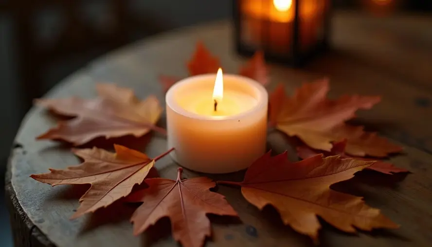 A lit white candle rests on a wooden table surrounded by golden and amber autumn leaves, symbolising remembrance, hope, grief, healing, and the quiet light of faith during seasons of loss.