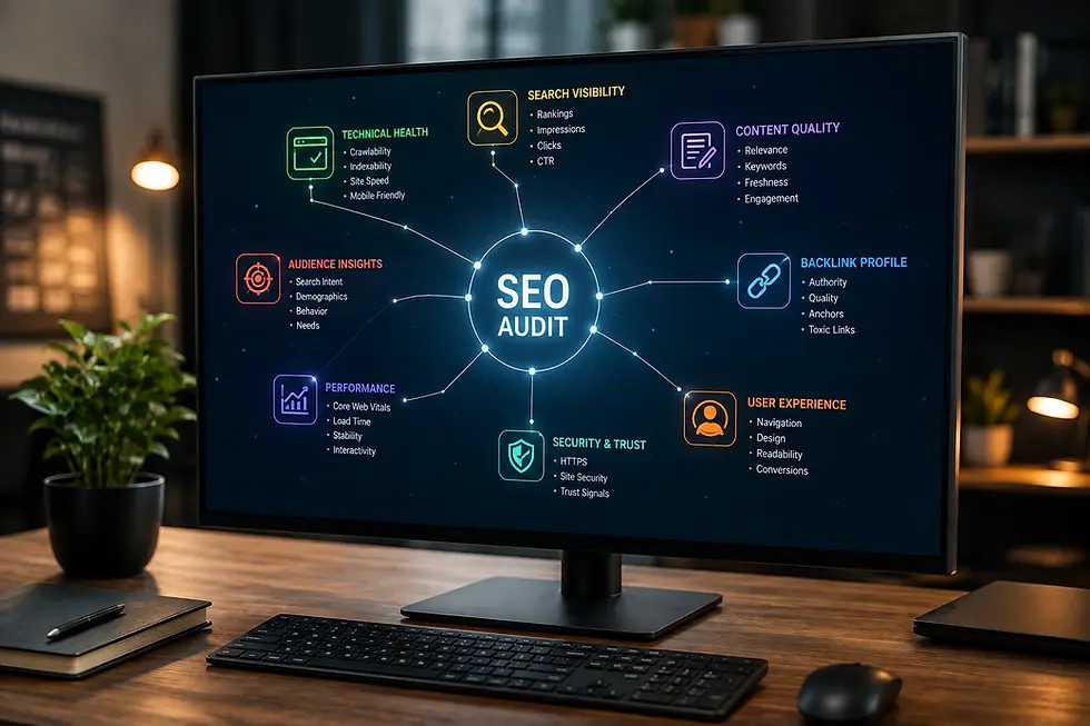 A desktop monitor displaying a connected SEO audit graphic linking technical health, search visibility, content quality, backlinks, performance, security, user experience, and audience insights.