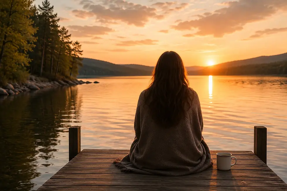 Woman sitting on a wooden dock overlooking a calm lake at sunset, symbolizing reflection, remembrance, healing, and the complexity of grief.
