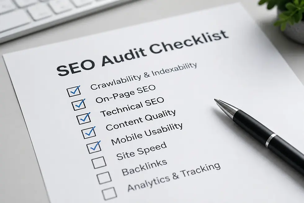 A close-up of an SEO audit checklist showing crawlability, on-page SEO, technical SEO, content quality, mobile usability, site speed, backlinks, and analytics.