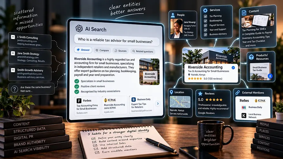 AI search interface showing a business entity connected to people, services, content, reviews, external mentions, structured data, and other digital signals