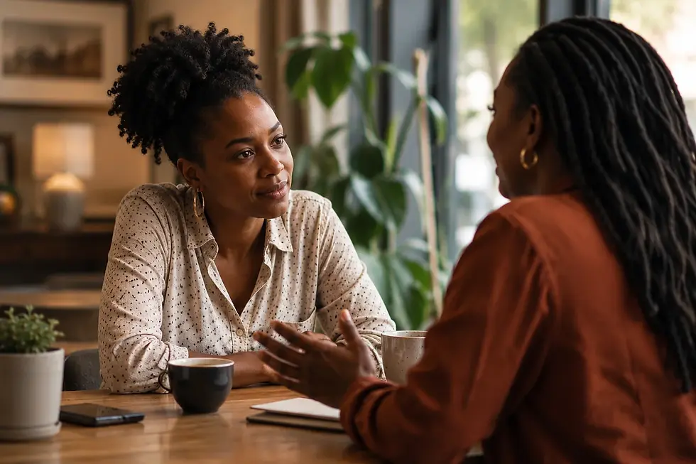 Two African women engaged in a thoughtful conversation, illustrating the difference between sympathy and understanding in grief support.