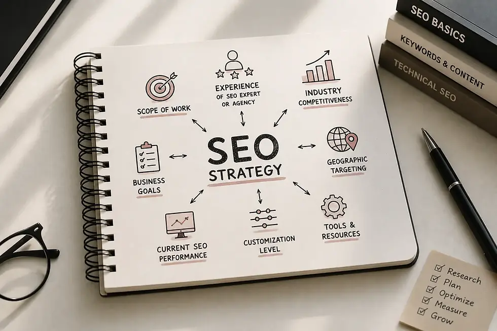 Notebook illustrating the key factors that influence SEO strategy development, including business goals, technical SEO, industry competition, and planning.