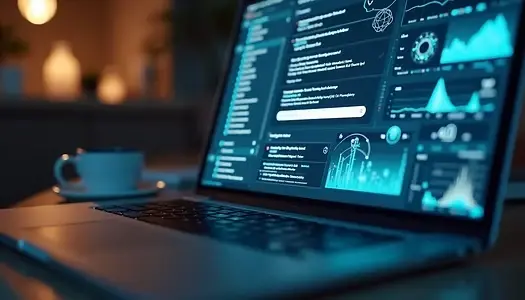 Laptop displaying an AI search visibility dashboard with analytics and performance metrics.