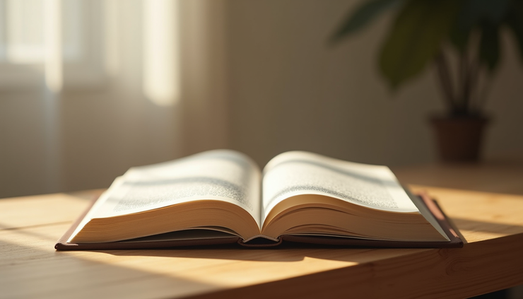 Close-up view of a worn book lying open on a wooden table with soft morning light
