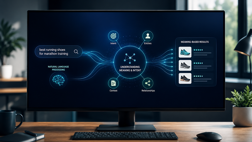 Desktop monitor shows an NLP diagram for best running shoes for marathon training, with shoe results and icons.