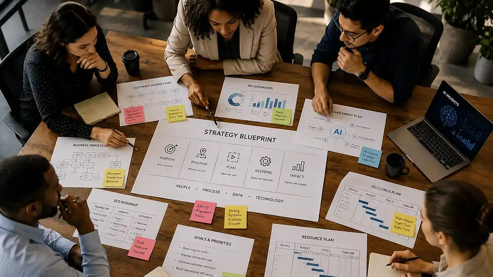 A high-angle view of a collaborative business strategy meeting where professionals review a central strategy blueprint surrounded by process maps, KPI dashboards, AI planning documents, business workflows, and marketing reports.