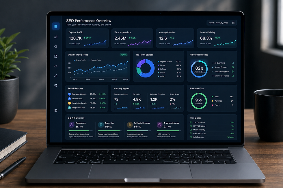 Laptop showing SEO Performance Overview dashboard with charts, metrics, and colored analytics panels on a desk.