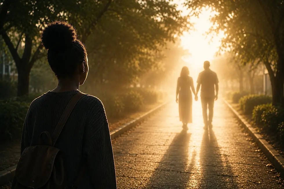 A young African woman stands alone on a quiet tree-lined path, watching the fading silhouettes of her parents walking hand in hand toward a bright light, symbolising parent loss, grief, remembrance, and the life she imagined but never got to live.
