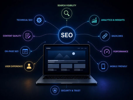 A wide SEO illustration showing a website connected to technical SEO, search visibility, content quality, on-page SEO, user experience, analytics, backlinks, and performance through glowing network lines.