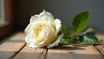 Eye-level view of a single white rose on a wooden table with soft sunlight