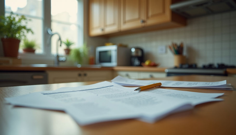 Bills and paperwork on a kitchen counter representing everyday responsibilities during grief
