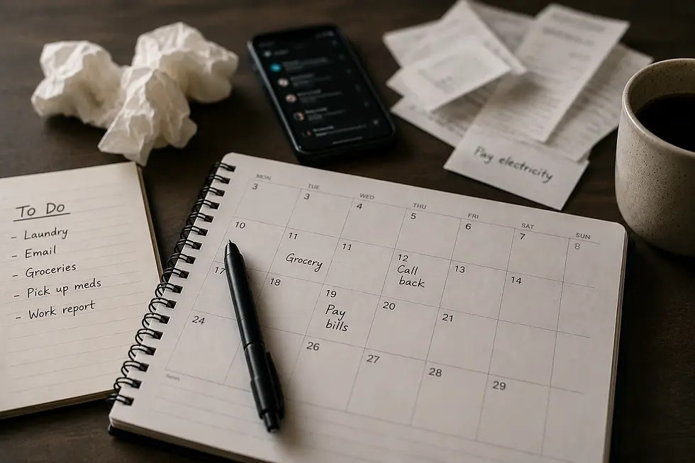 Planner, to-do list, bills, and a phone on a desk, illustrating the mental load and everyday responsibilities people manage while grieving