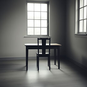 A chair placed slightly away from a table in a quiet room, soft natural light through a wi