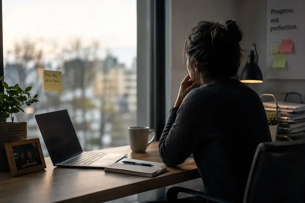 Thoughtful professional in a modern office representing grief, workplace wellbeing, and reduced productivity after bereavement.