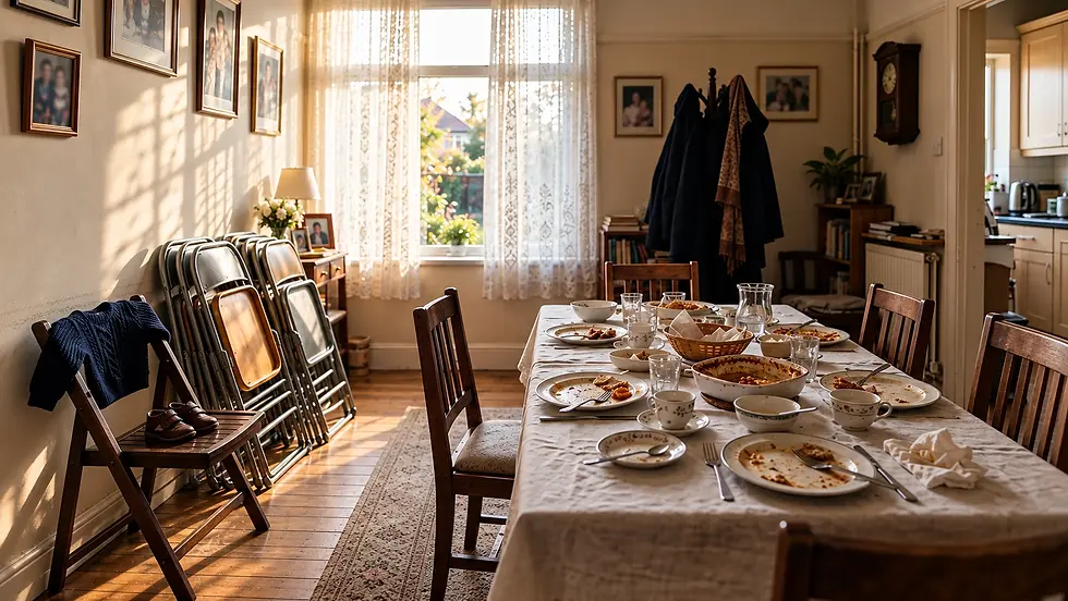 A quiet family dining room after a gathering, with leftover food on a long table, stacked chairs, coats, family photographs and sunlight through the window, symbolising the silence that follows a funeral