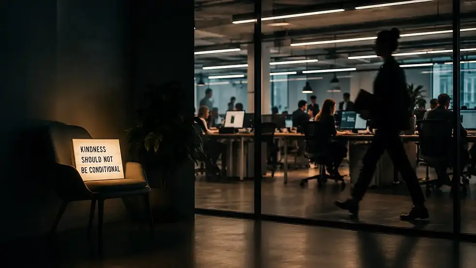 Quiet office space contrasting genuine employee care with the pressure of a busy workplace environment.