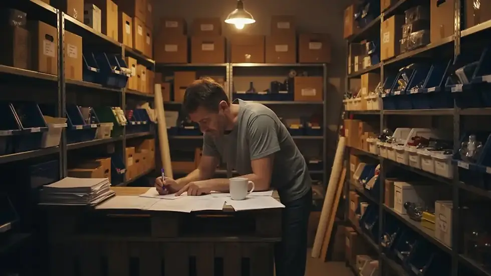 Business owner working alone at a desk surrounded by shelves of inventory and paperwork, illustrating founder dependency and the pressure of scaling a growing business.