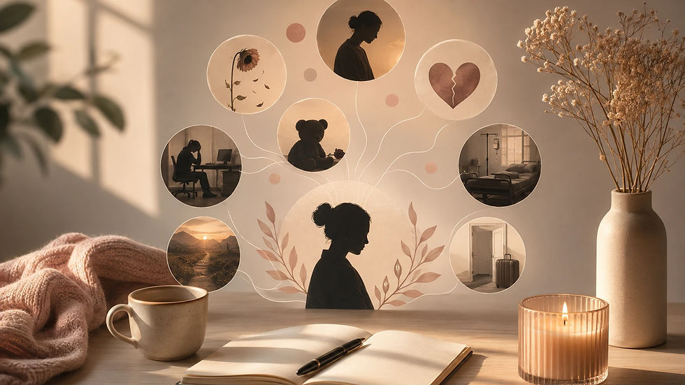 A serene conceptual collage showing a reflective silhouette surrounded by symbolic scenes of grief, loss, healing, identity, and life's many transitions in a warm, minimalist setting.